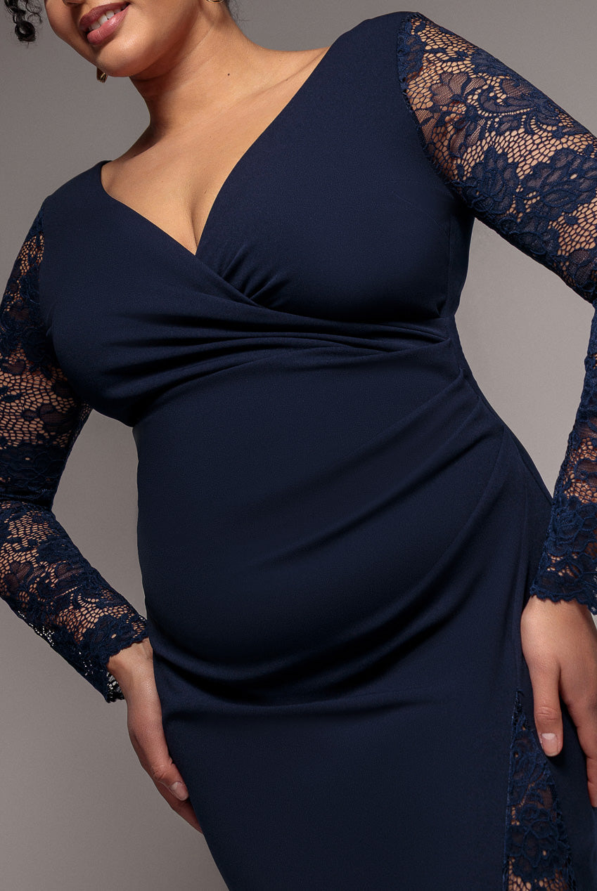 Goddiva Plus Scuba & Lace Wrap Maxi Dress - Navy Blue
