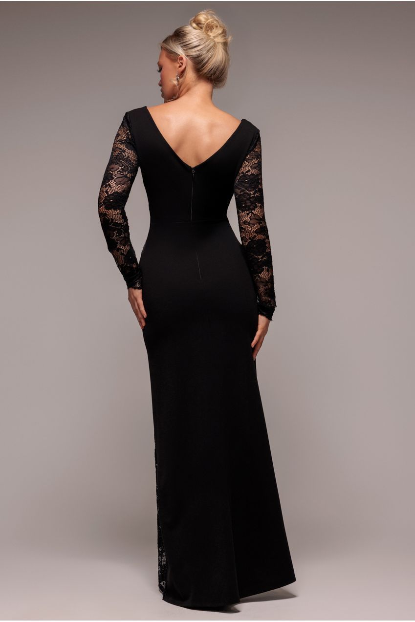 Goddiva Scuba & Lace Wrap Maxi Dress - Black