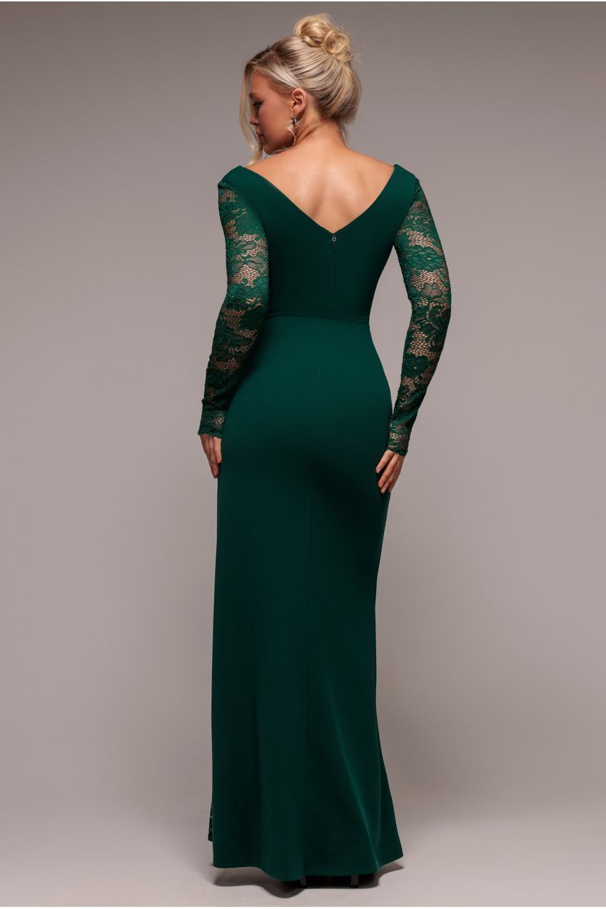 Goddiva Scuba & Lace Wrap Maxi Dress - Emerald