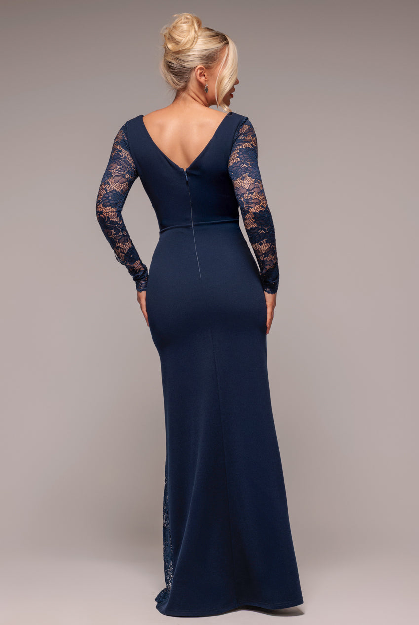 Goddiva Scuba & Lace Wrap Maxi Dress - Navy Blue