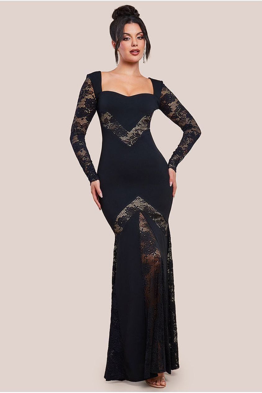 Scuba & Lace Long Sleeve Maxi Dress - Black | Goddiva US Scuba & Lace Long Sleeve Maxi Dress - Black | Goddiva US