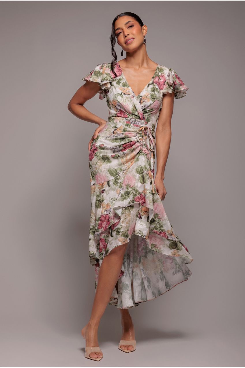 Goddiva Floral Wrap High And Low Midaxi Dress - Cream