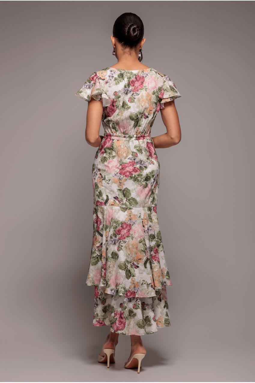 Goddiva Floral Wrap High And Low Midaxi Dress - Cream