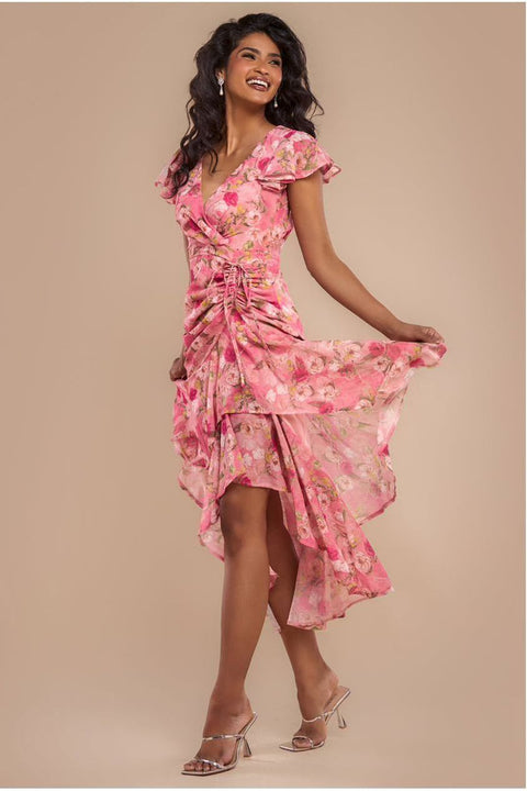 Goddiva Floral Wrap High And Low Midaxi Dress - Pink