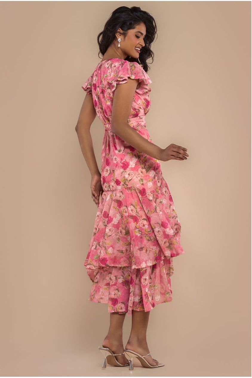Goddiva Floral Wrap High And Low Midaxi Dress - Pink