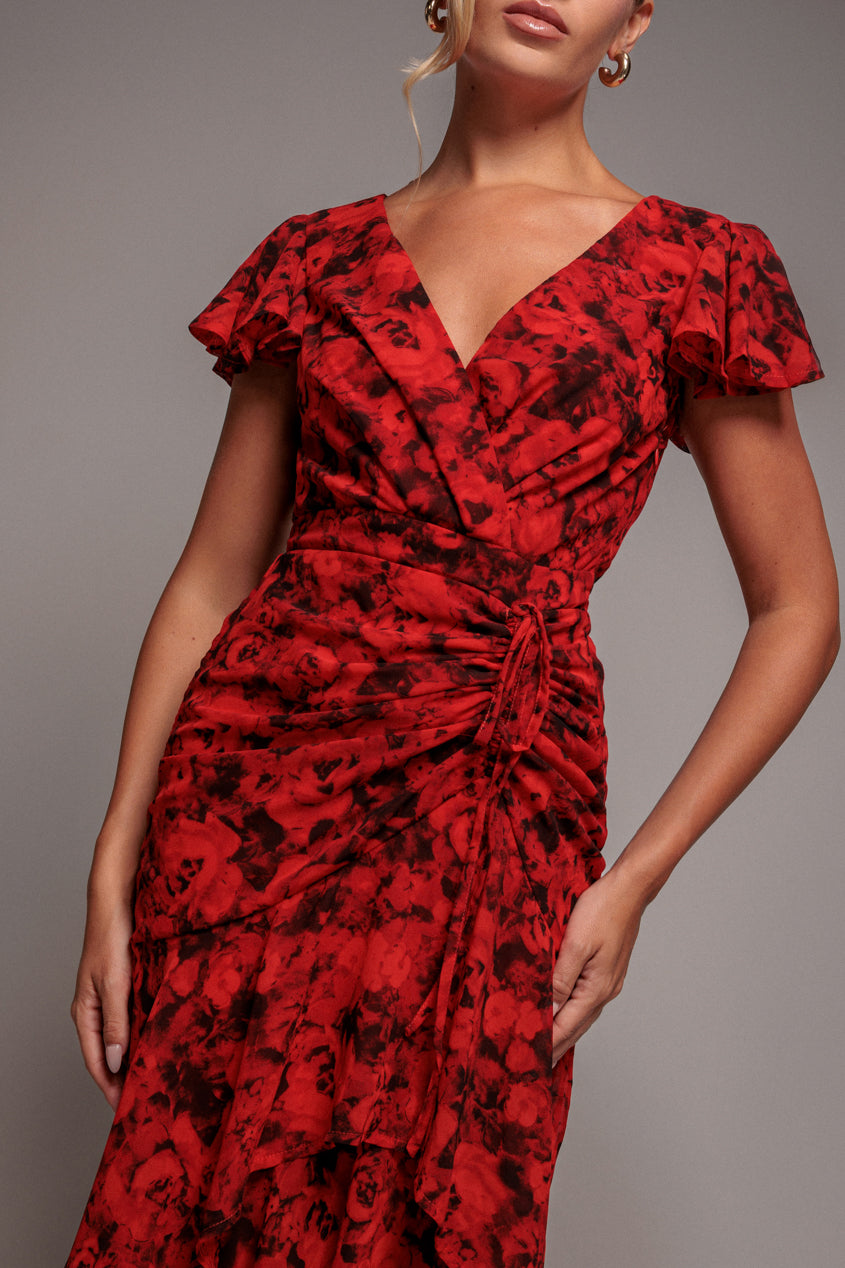 Goddiva Floral Wrap High And Low Midaxi Dress - Red