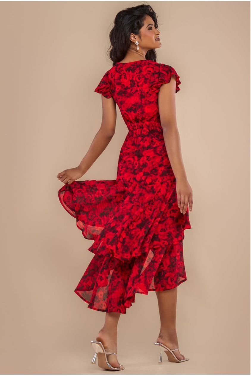 Goddiva Floral Wrap High And Low Midaxi Dress - Red