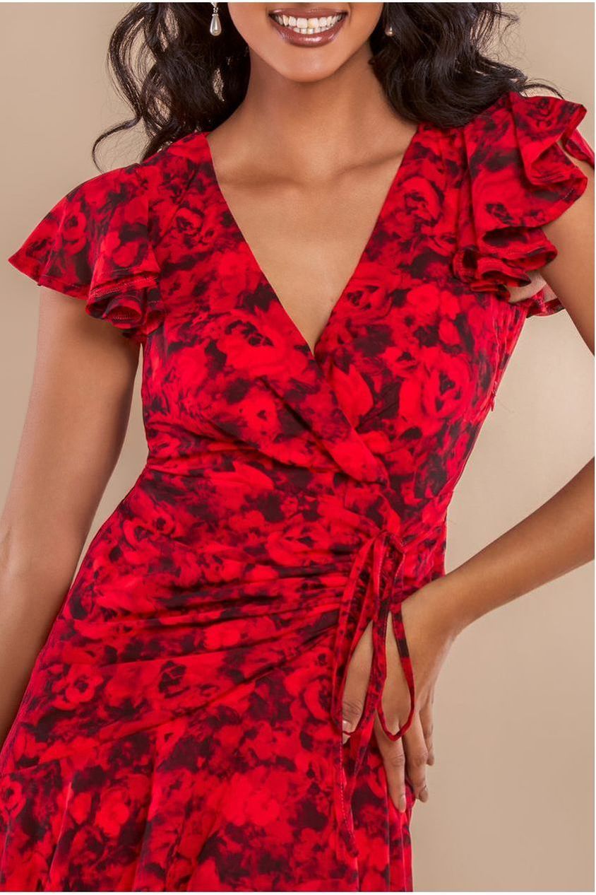 Goddiva Floral Wrap High And Low Midaxi Dress - Red