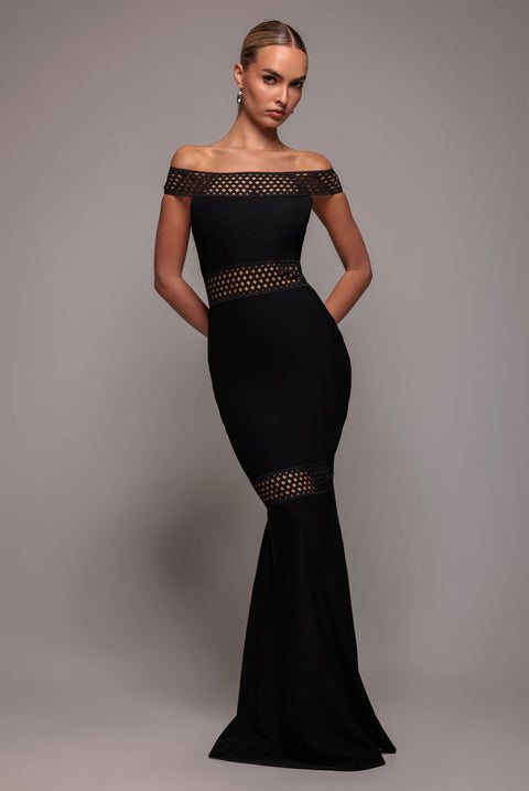 Goddiva Off The Shoulder Ribbed Bodycon Maxi Dress - Black