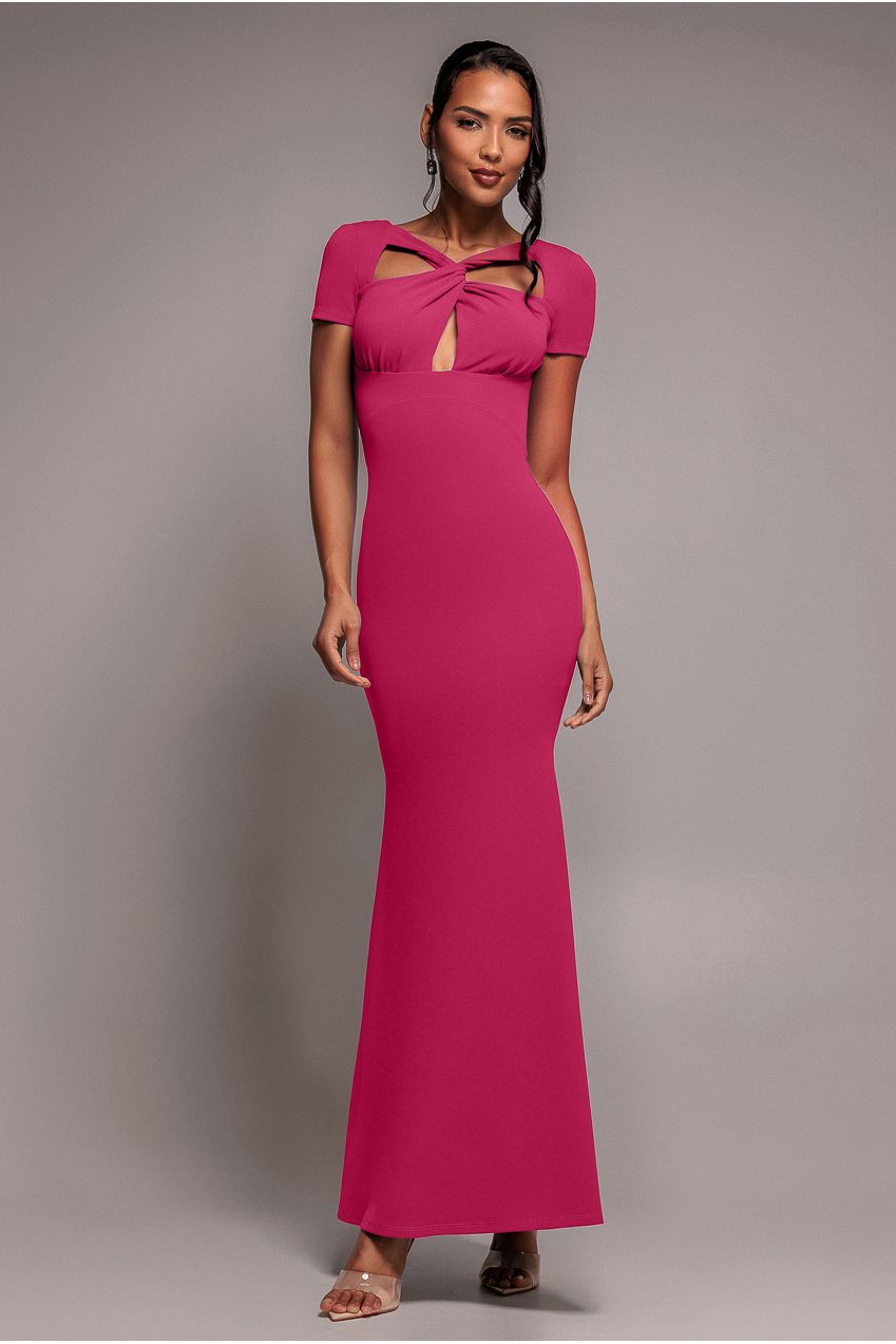 Goddiva Scuba Crepe Twist Cutout Maxi Dress - Hot Pink