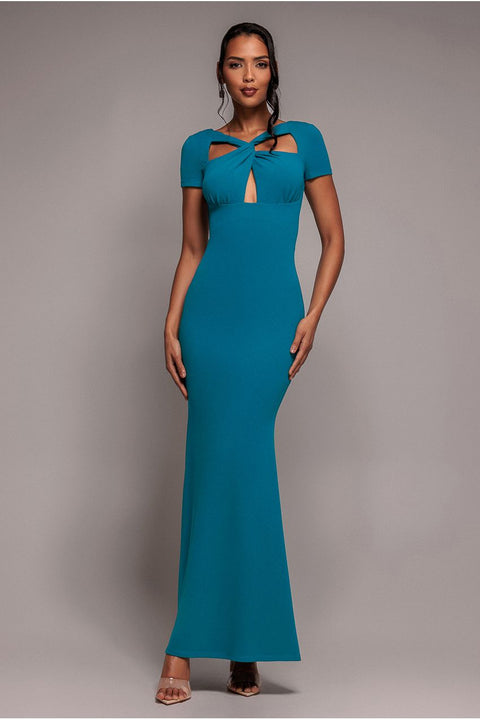 Goddiva Scuba Crepe Twist Cutout Maxi Dress - Teal Blue