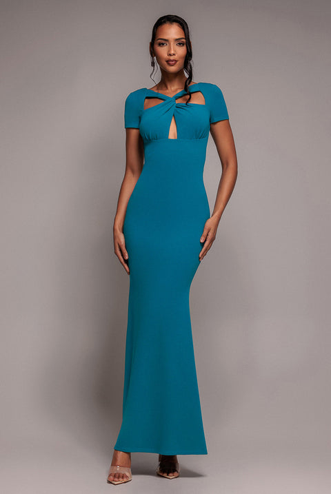 Goddiva Scuba Crepe Twist Cutout Maxi Dress - Teal Blue