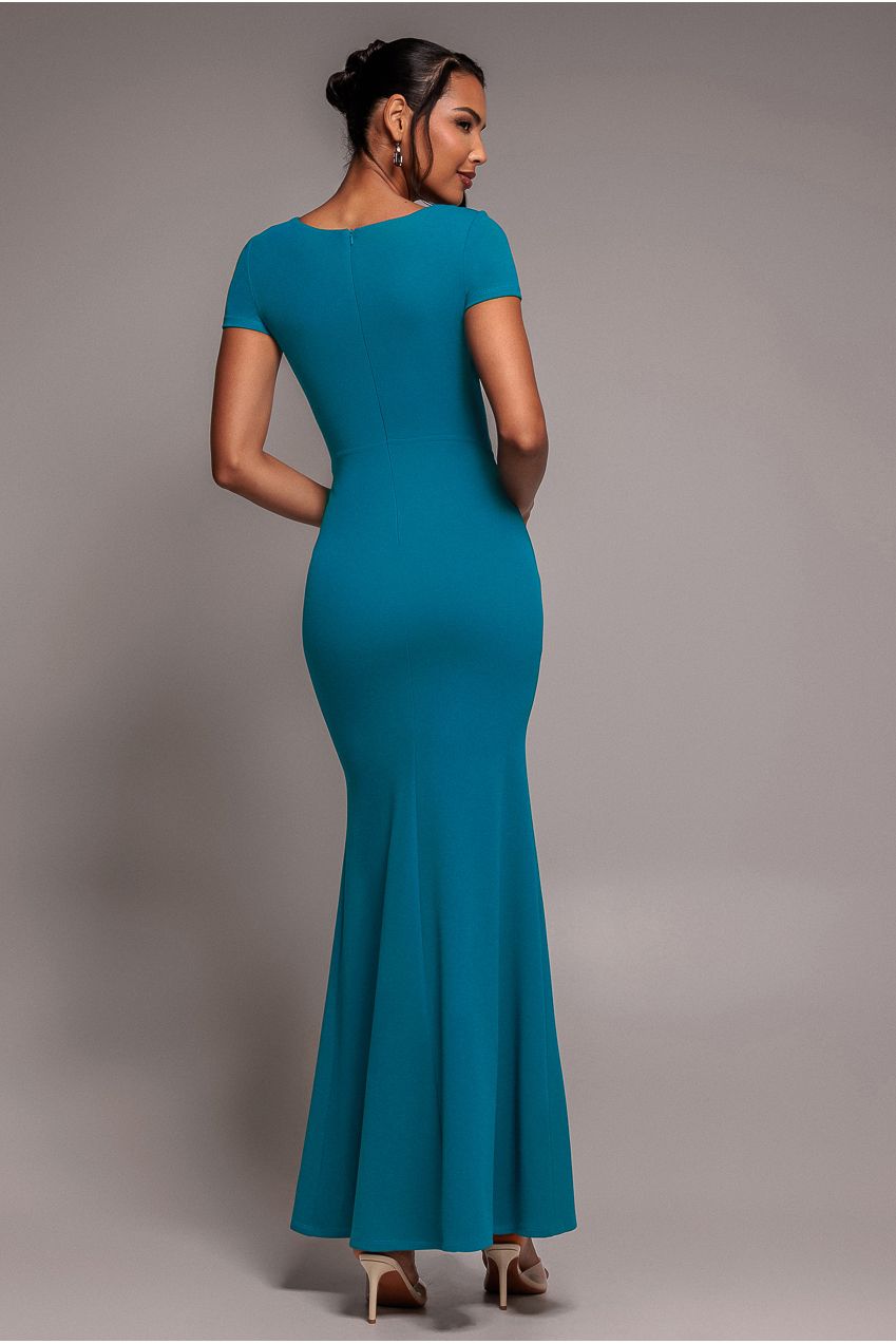 Goddiva Scuba Crepe Twist Cutout Maxi Dress - Teal Blue