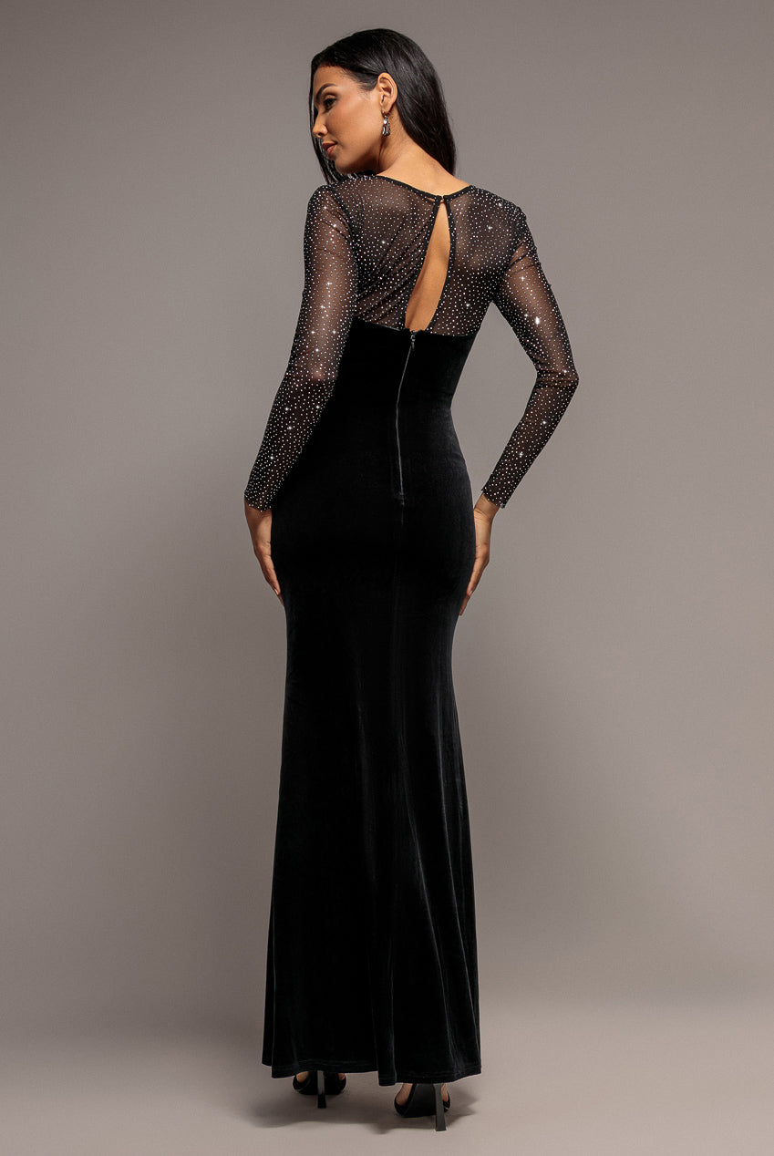 Goddiva Hotfix Diamante Sleeve Front Split Velvet Maxi Dress - Black