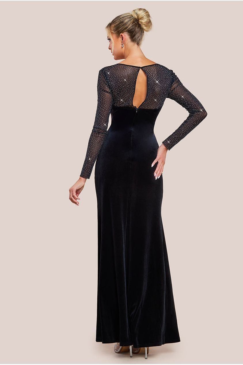 Goddiva Hotfix Diamante Sleeve Front Split Velvet Maxi Dress - Black