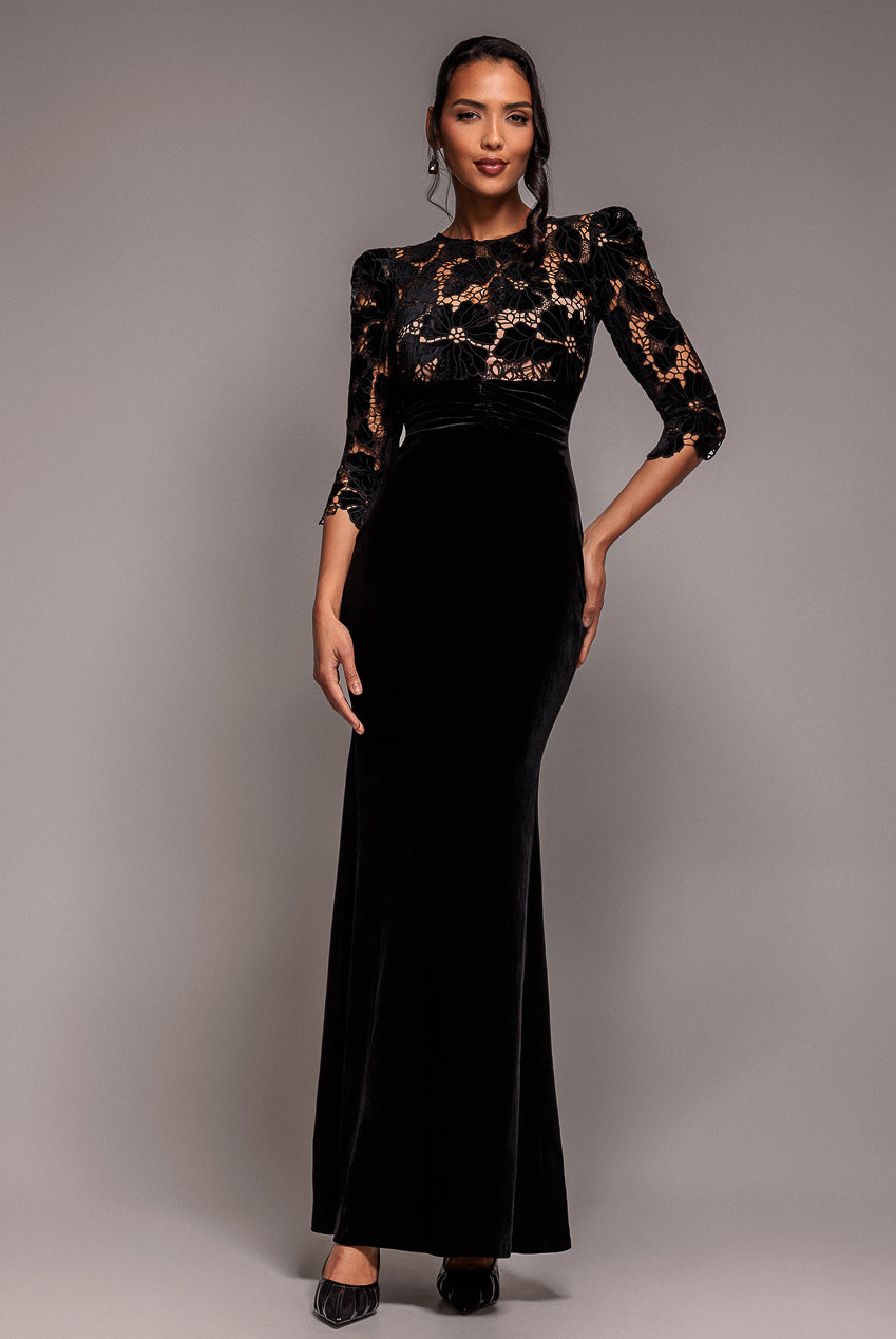 Goddiva Scalloped Velvet Crochet Maxi Dress - Black