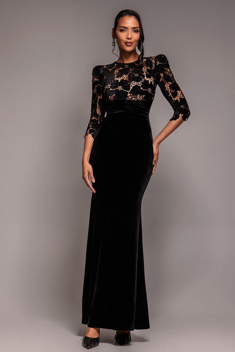 Goddiva Scalloped Velvet Crochet Maxi Dress - Black