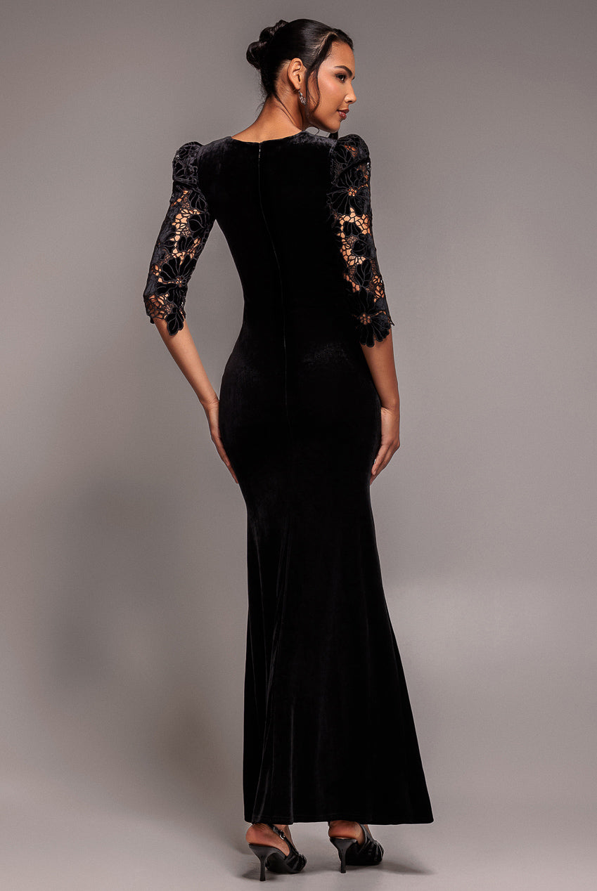 Goddiva Scalloped Velvet Crochet Maxi Dress - Black
