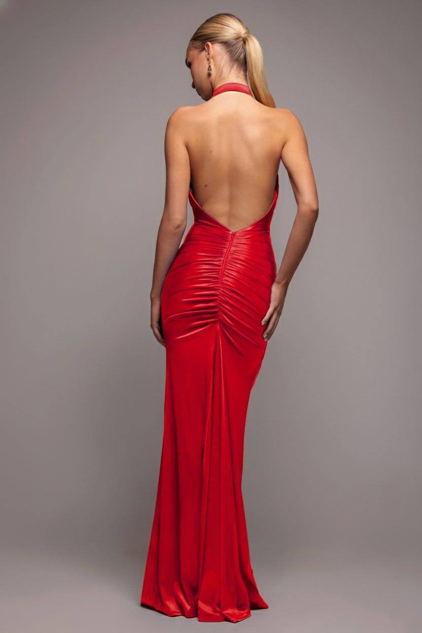 Goddiva Halter Cowl Neck Back Maxi Dress - Red