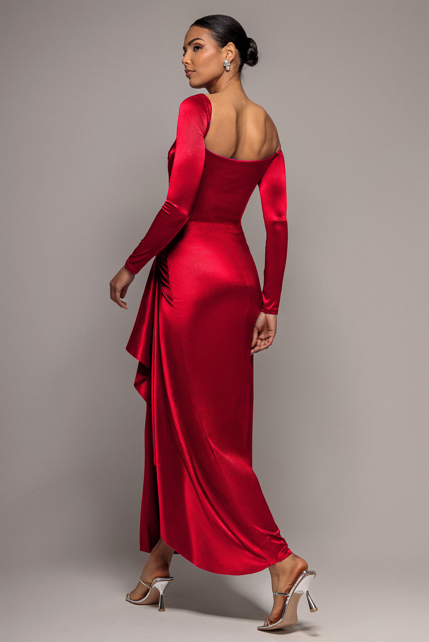 Goddiva Slinky Satin One Shoulder Split Maxi Dress - Red