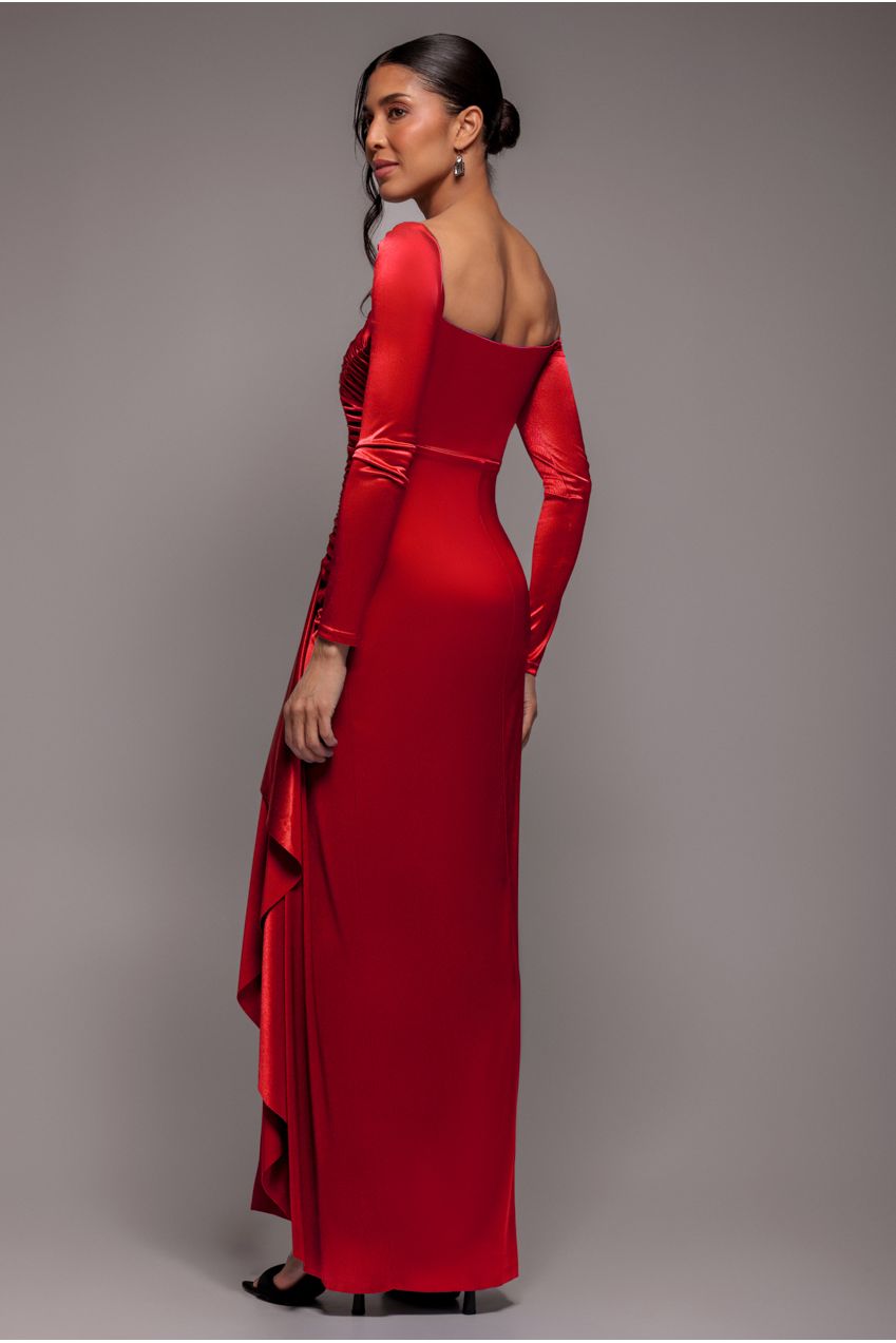 Goddiva Slinky Satin One Shoulder Split Maxi Dress - Red