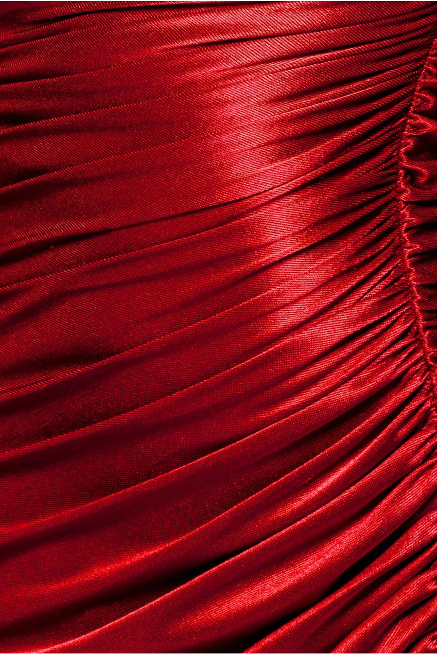 Goddiva Slinky Satin One Shoulder Split Maxi Dress - Red