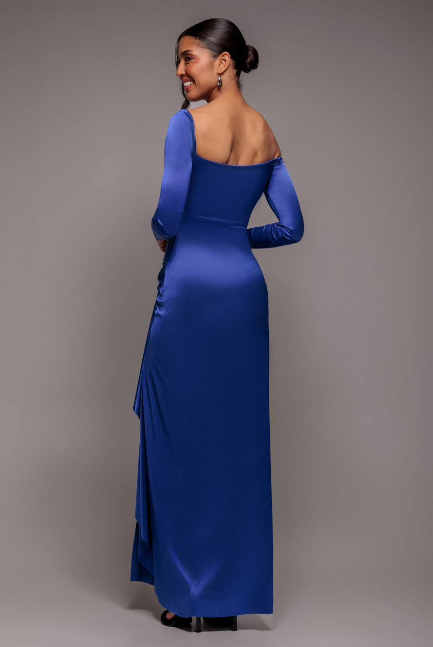 Goddiva Slinky Satin One Shoulder Split Maxi Dress - Royal Blue