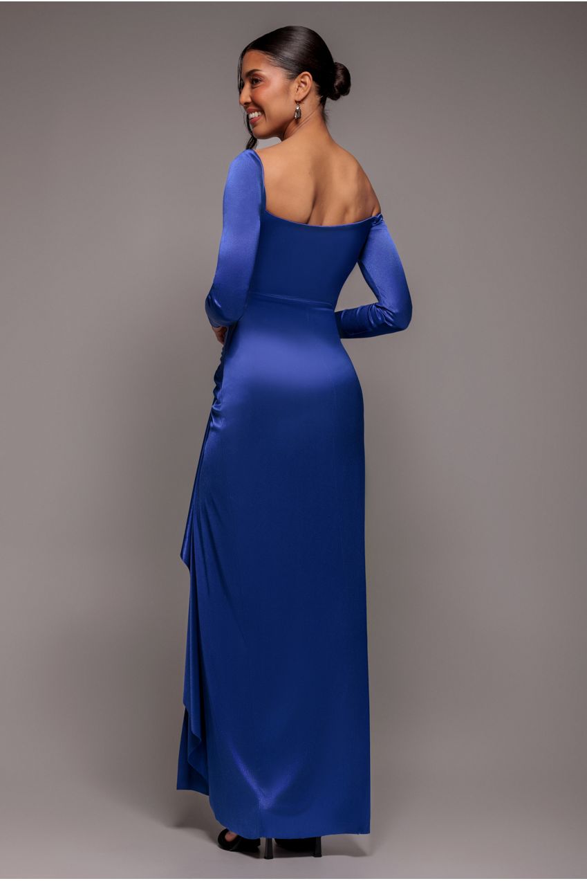 Goddiva Slinky Satin One Shoulder Split Maxi Dress - Royal Blue