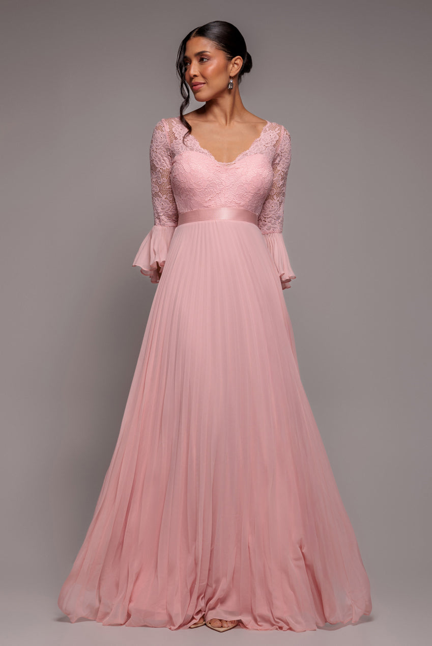 Goddiva Scalloped Lace Bodice Pleated Chiffon A Line Maxi Dress - Blush Pink
