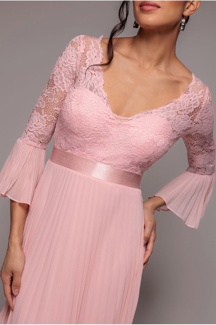 Goddiva Scalloped Lace Bodice Pleated Chiffon A Line Maxi Dress - Blush Pink