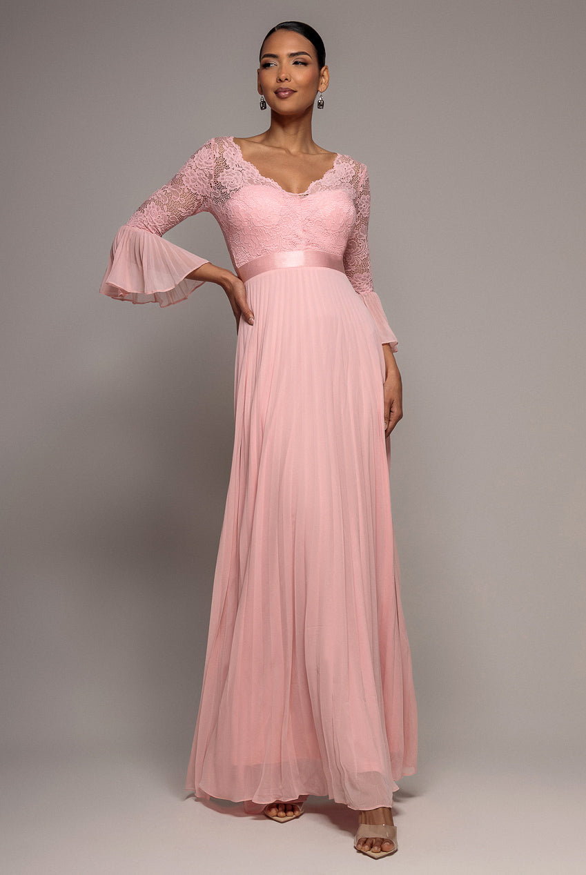 Goddiva Scalloped Lace Bodice Pleated Chiffon A Line Maxi Dress - Blush Pink