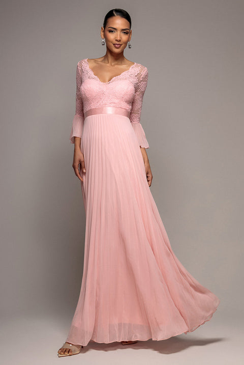 Goddiva Scalloped Lace Bodice Pleated Chiffon A Line Maxi Dress - Blush Pink