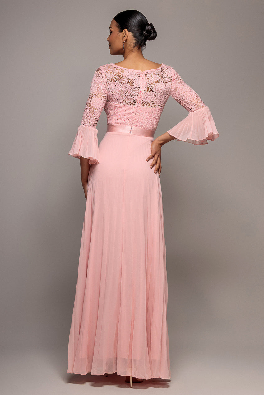 Goddiva Scalloped Lace Bodice Pleated Chiffon A Line Maxi Dress - Blush Pink