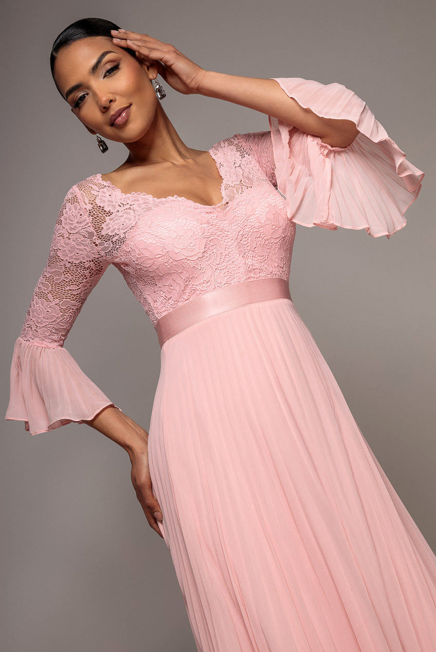 Goddiva Scalloped Lace Bodice Pleated Chiffon A Line Maxi Dress - Blush Pink