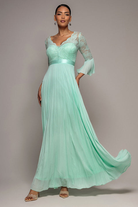 Goddiva Scalloped Lace Bodice Pleated Chiffon A Line Maxi Dress - Mint Green