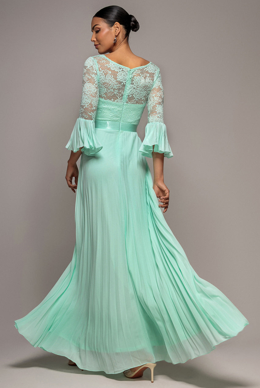 Goddiva Scalloped Lace Bodice Pleated Chiffon A Line Maxi Dress - Mint Green