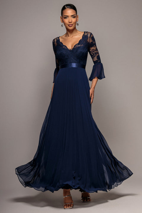 Goddiva Scalloped Lace Bodice Pleated Chiffon A Line Maxi Dress - Navy Blue