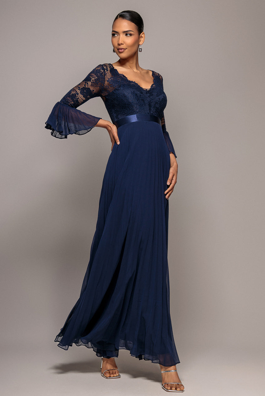 Goddiva Scalloped Lace Bodice Pleated Chiffon A Line Maxi Dress - Navy Blue
