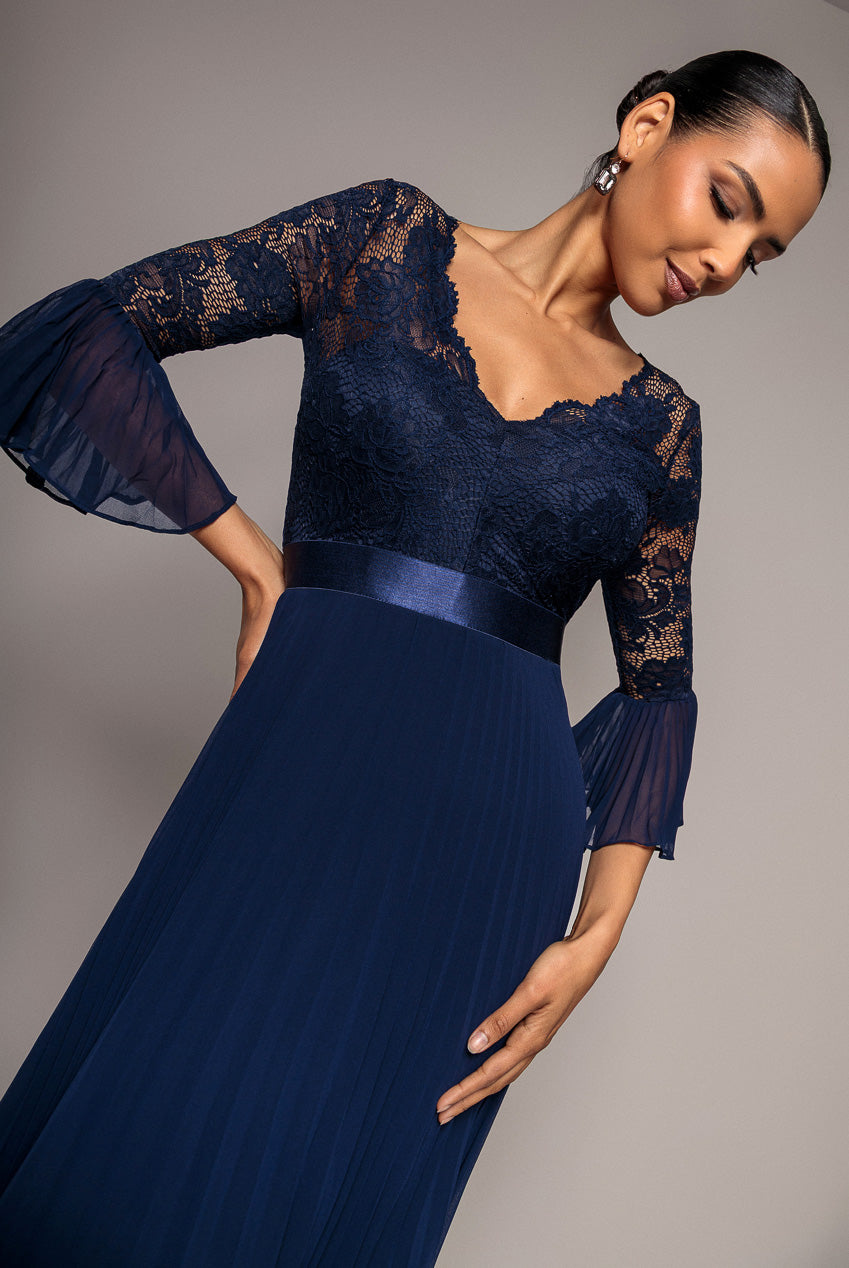 Goddiva Scalloped Lace Bodice Pleated Chiffon A Line Maxi Dress - Navy Blue