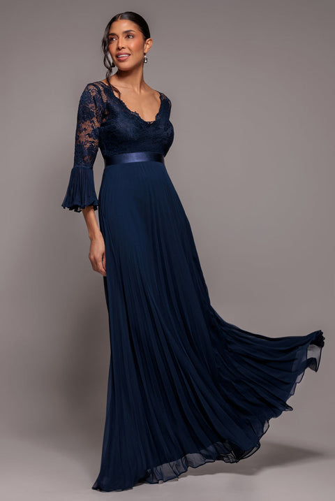Goddiva Scalloped Lace Bodice Pleated Chiffon A Line Maxi Dress - Navy Blue
