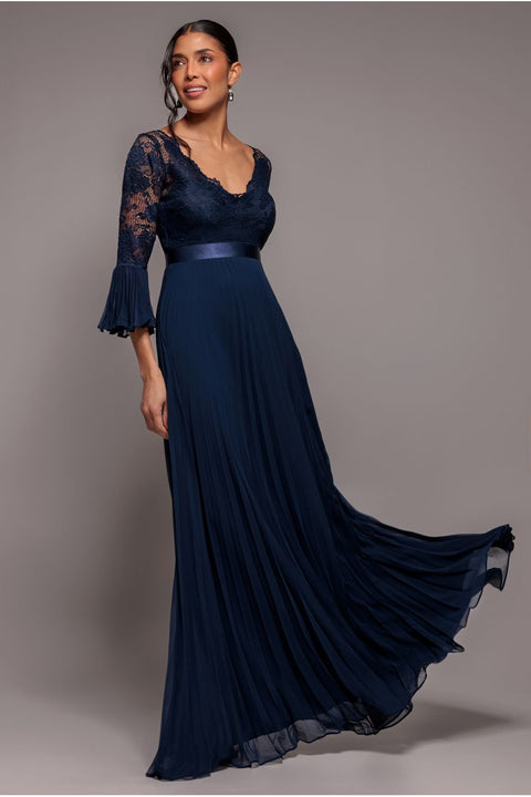 Goddiva Scalloped Lace Bodice Pleated Chiffon A Line Maxi Dress - Navy Blue