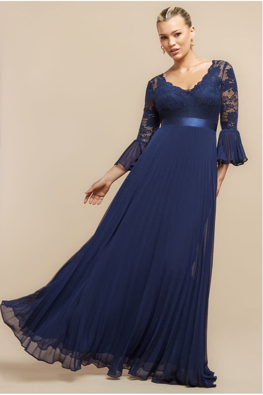Goddiva Scalloped Lace Bodice Pleated Chiffon A Line Maxi Dress - Navy Blue