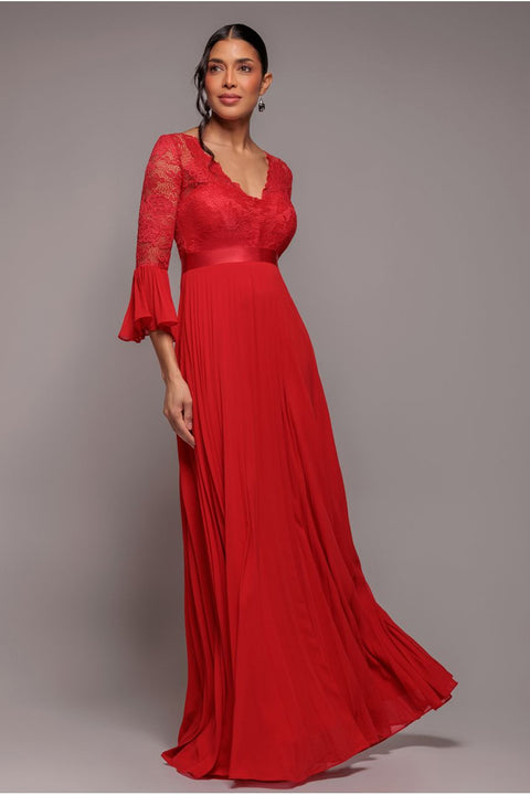 Goddiva Scalloped Lace Bodice Pleated Chiffon A Line Maxi Dress - Red