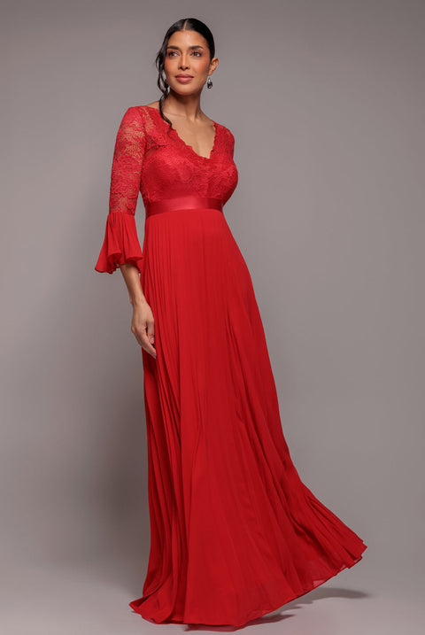 Goddiva Scalloped Lace Bodice Pleated Chiffon A Line Maxi Dress - Red