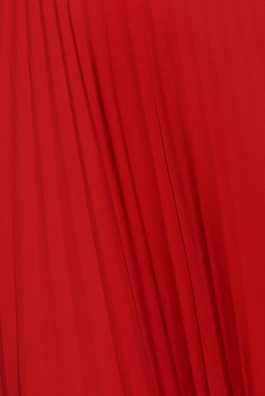 Goddiva Scalloped Lace Bodice Pleated Chiffon A Line Maxi Dress - Red