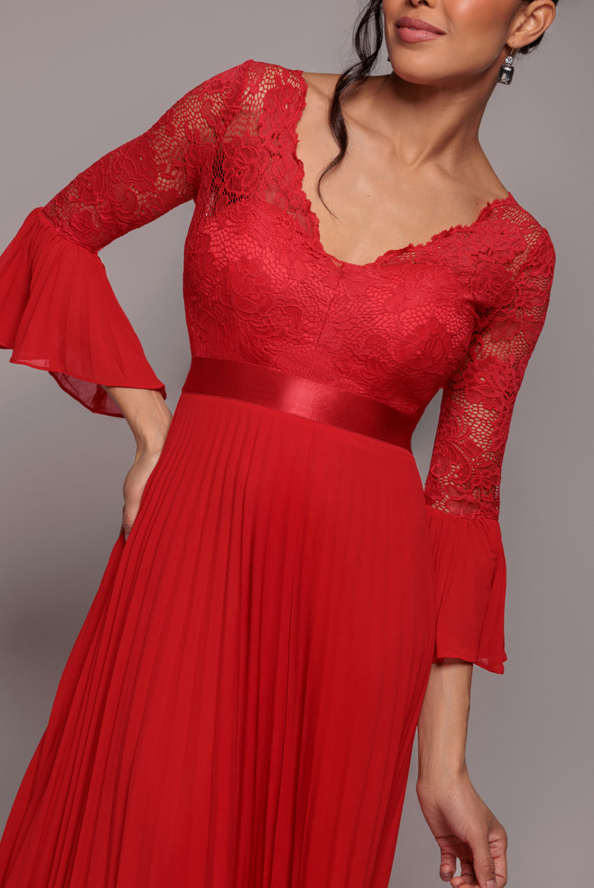 Goddiva Scalloped Lace Bodice Pleated Chiffon A Line Maxi Dress - Red