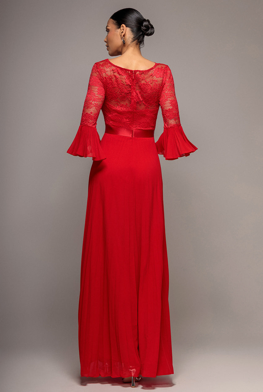 Goddiva Scalloped Lace Bodice Pleated Chiffon A Line Maxi Dress - Red