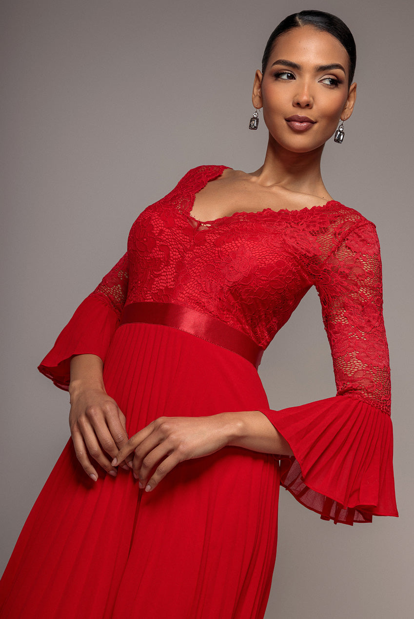 Goddiva Scalloped Lace Bodice Pleated Chiffon A Line Maxi Dress - Red