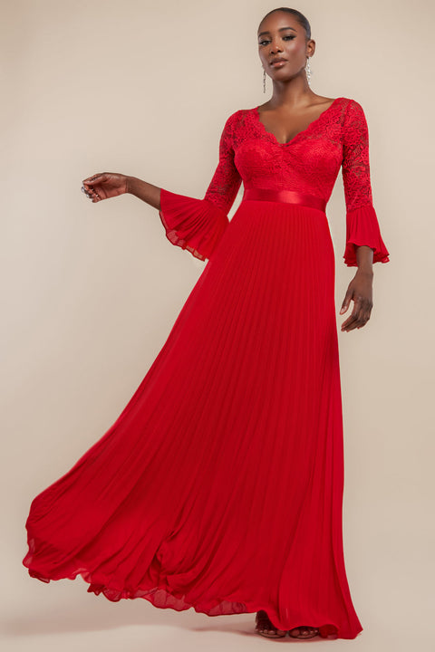 Goddiva Scalloped Lace Bodice Pleated Chiffon A Line Maxi Dress - Red