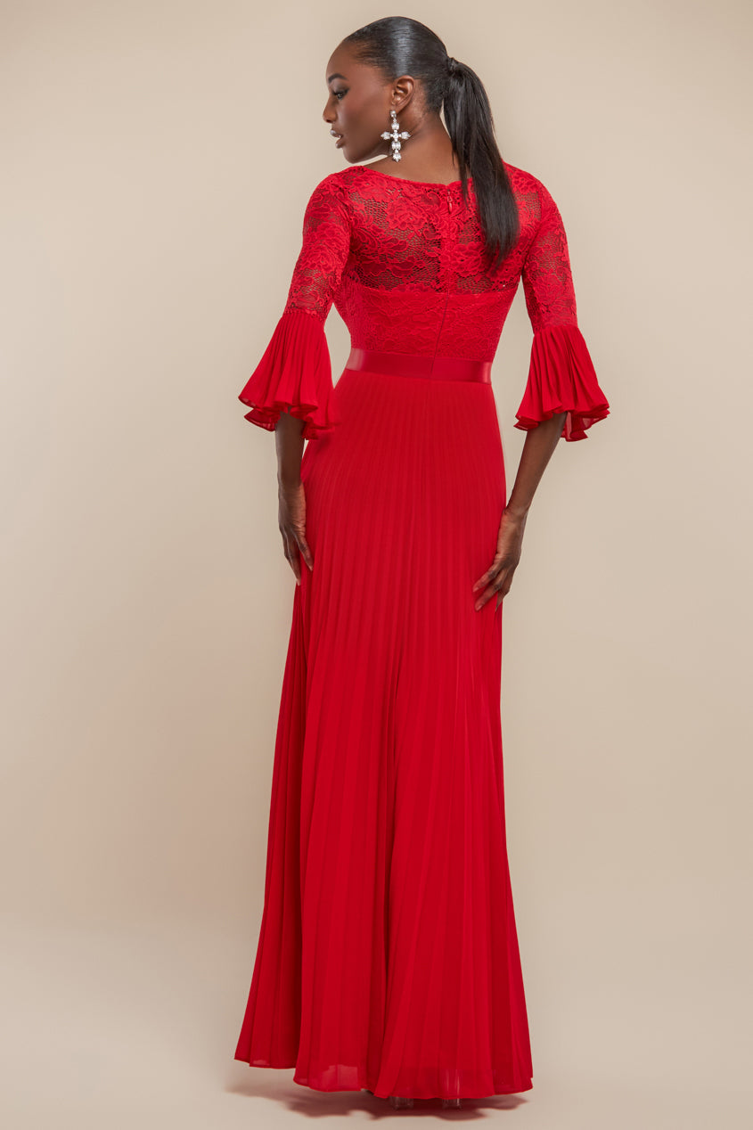Goddiva Scalloped Lace Bodice Pleated Chiffon A Line Maxi Dress - Red